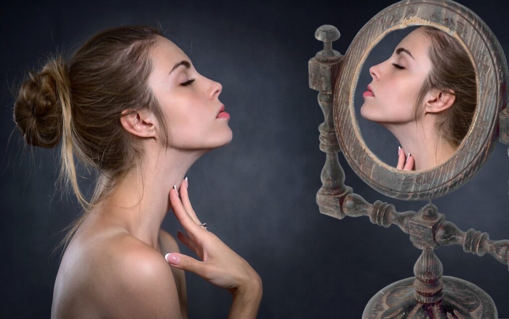 woman, mirror, neck